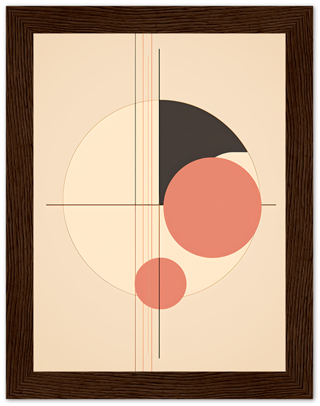 Abstract geometric artwork with circles and lines in a wooden frame.