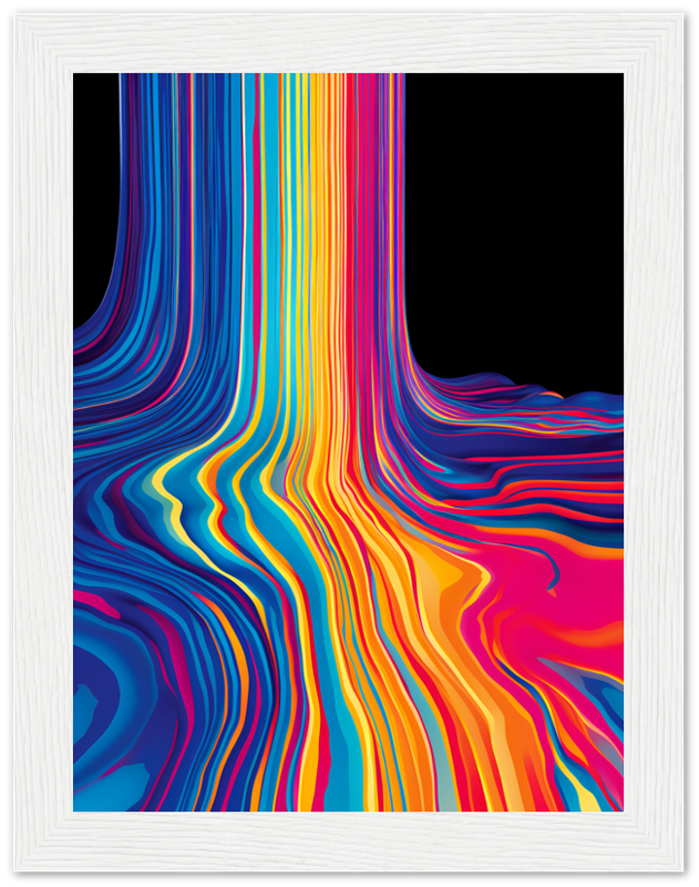 Colorful abstract wavy lines artwork in a white frame.