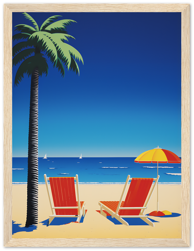 Illustration of a beach scene with palm tree, two chairs, umbrella, and sailboats in the distance.