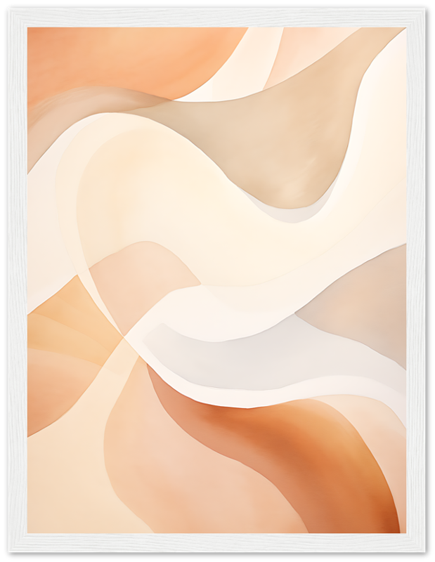 Abstract painting with wavy peach and cream colored shapes within a white frame.