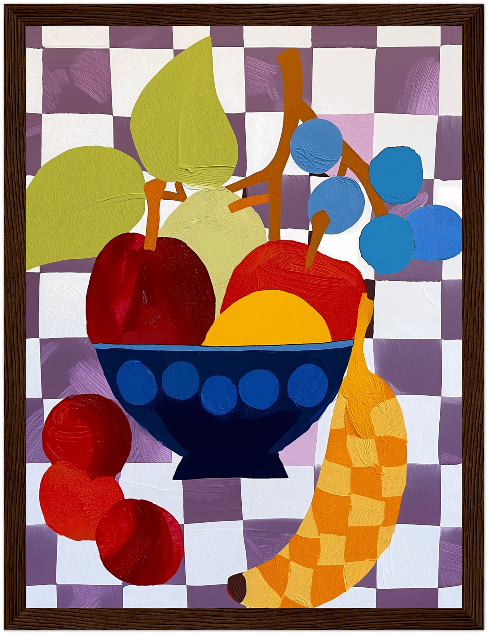 Abstract artwork of a fruit bowl with colorful, stylized shapes.