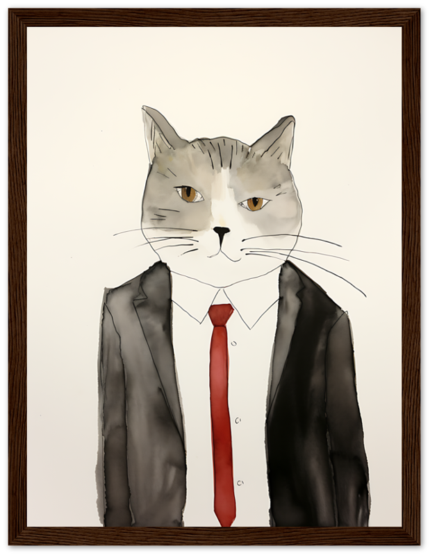 Illustration of a cat with a human body in a suit, framed on a wall.