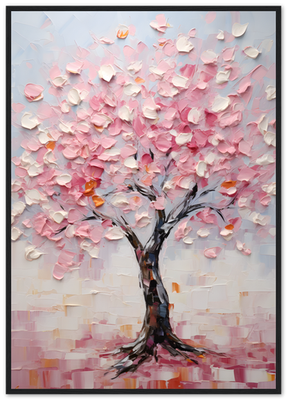 Oil painting of a cherry blossom tree with textured pink and white petals on a framed canvas.