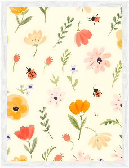 A whimsical illustration of colorful flowers and ladybugs on a light background, framed by a brown border.