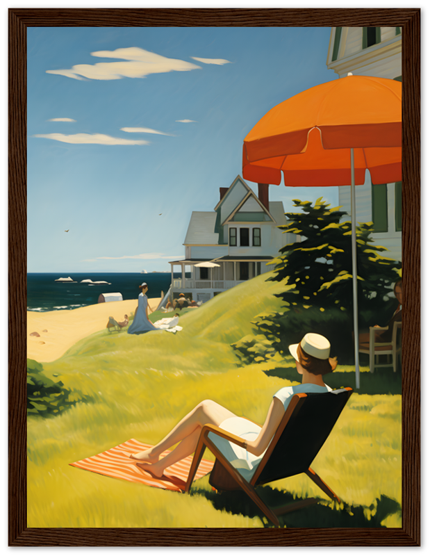 "Painting of a person relaxing on a beach chair near a house with an orange umbrella."