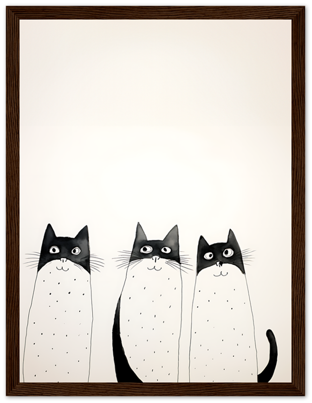 Three cartoon cats with black and white fur standing side by side inside a wooden frame.