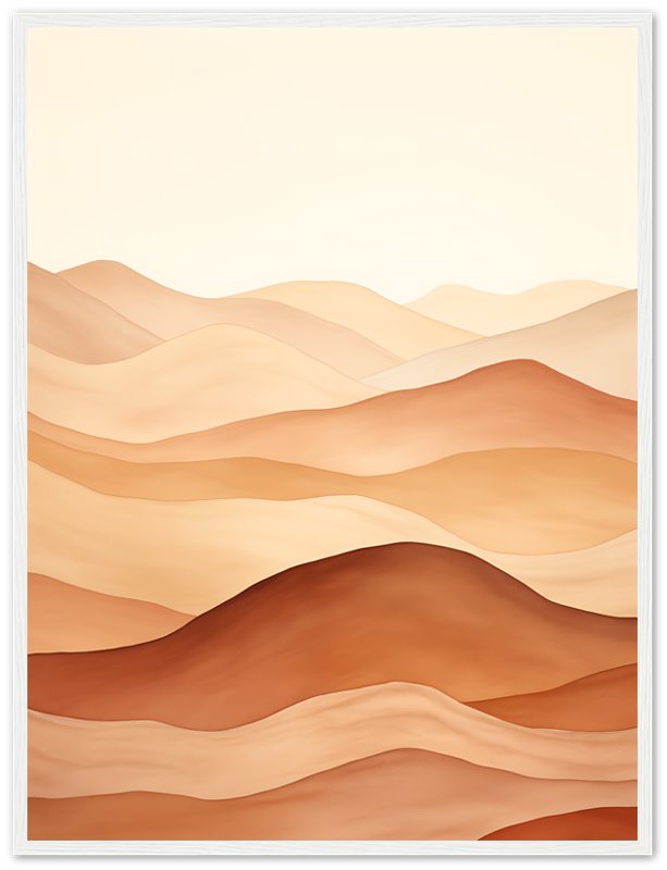 Illustration of serene desert dunes with warm tones, framed in white.