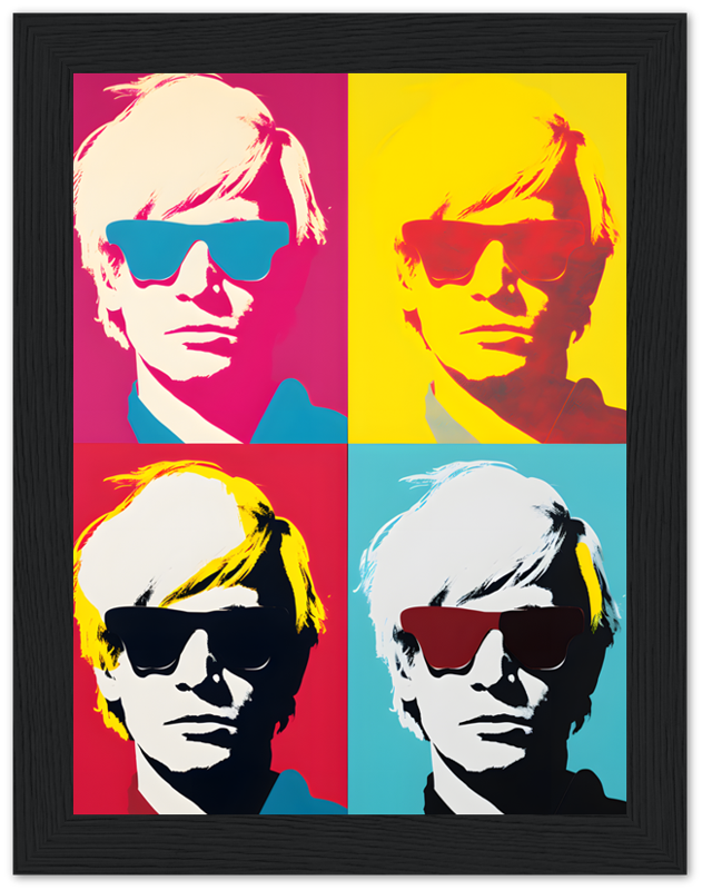 Pop art style portrait with four colorful variations of the same person's face in a black frame.