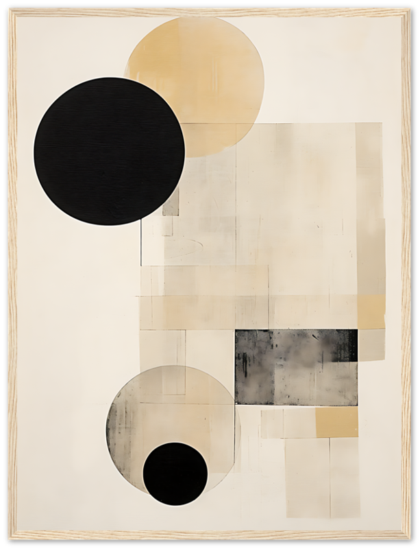 Abstract artwork featuring geometric shapes and neutral tones with black circles.
