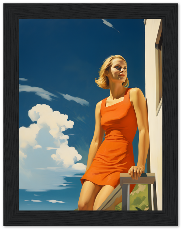 Woman in orange dress standing by a railing with a scenic backdrop.