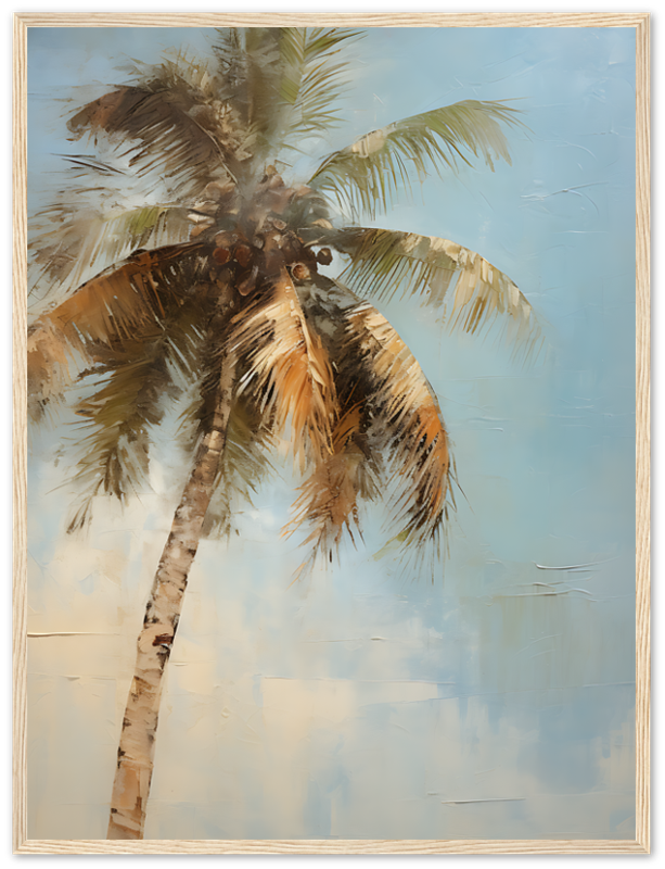 A framed painting of a palm tree against a serene sky.