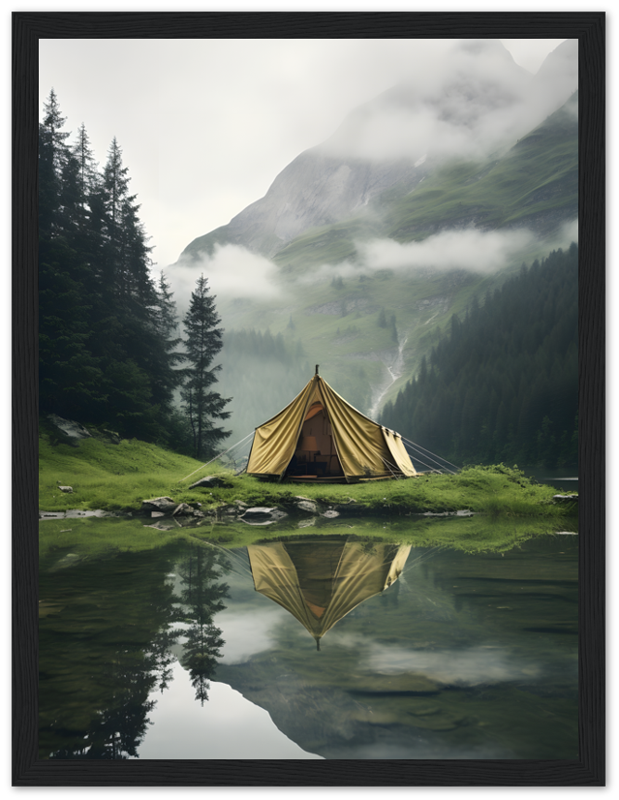 A serene campsite with a tent by a mountain lake, reflected in the water, framed by trees.