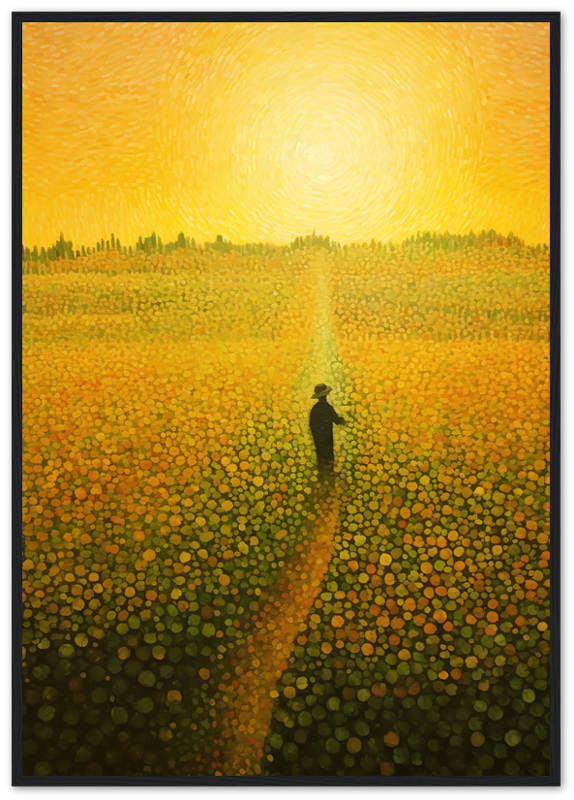 A painting of a person standing in a vibrant field of flowers with a swirling yellow sky.