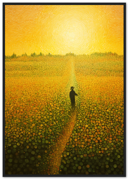 A painting of a person standing in a vibrant field of flowers with a swirling yellow sky.