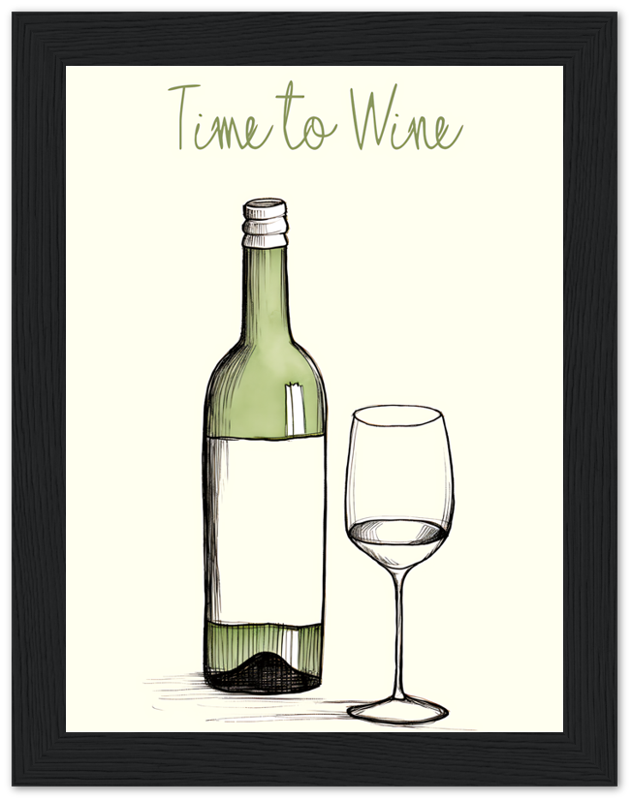Illustration of a wine bottle and glass with the text "Time to Wine."