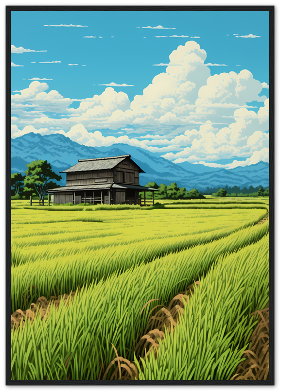 Illustration of a traditional wooden house amidst vibrant rice fields with mountains and clouds in the background.
