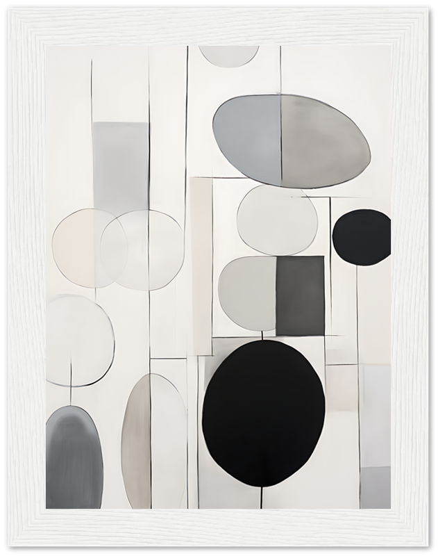 Monochrome abstract art featuring circles and rectangles with a white frame.