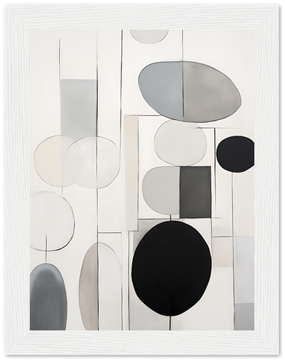 Monochrome abstract art featuring circles and rectangles with a white frame.