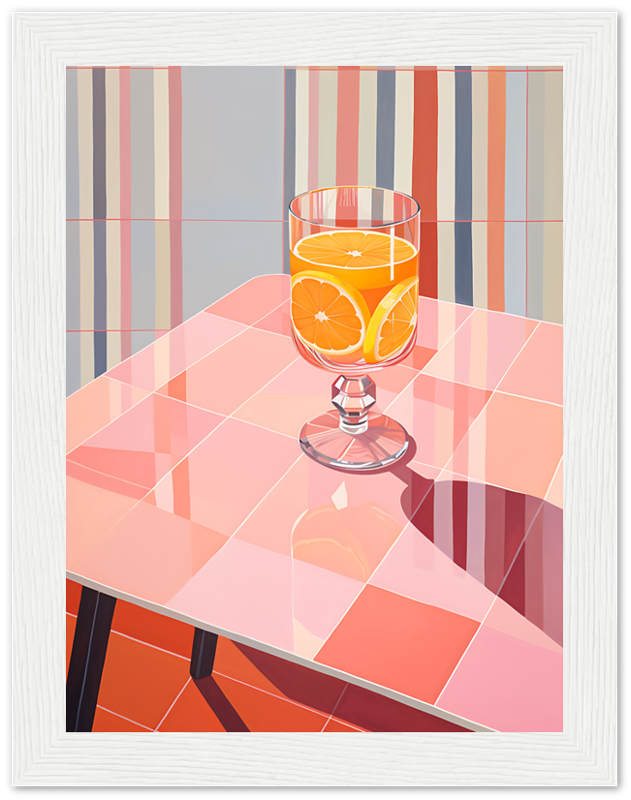 A stylized illustration of a glass of orange juice on a striped background.