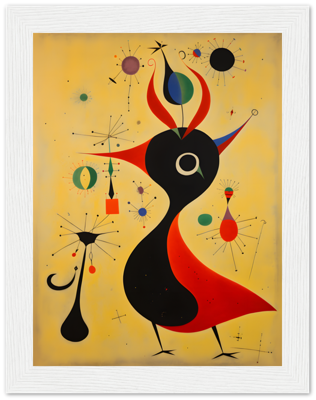 Abstract painting with whimsical shapes and bright colors resembling celestial bodies and a central figure.