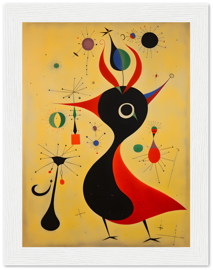 Abstract painting with whimsical shapes and bright colors resembling celestial bodies and a central figure.