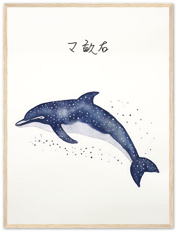 Framed illustration of a blue dolphin with oriental script above it.