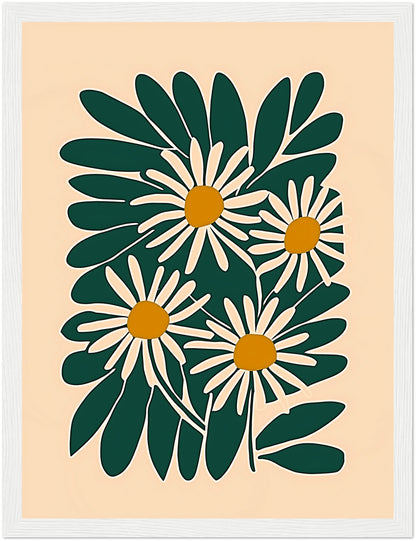 An illustration of five stylized daisies with green leaves in a brown frame.