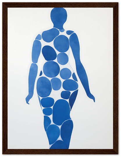 Artistic representation of a human figure made with blue circles in a wooden frame.
