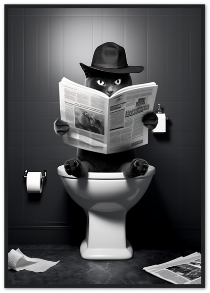 A cat in a fedora reading a newspaper while sitting on a toilet.