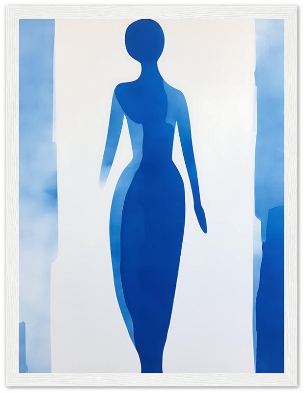 Silhouette of a woman against an abstract blue background.