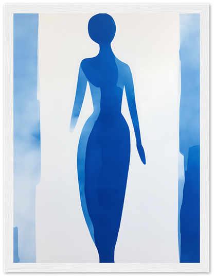 Silhouette of a woman against an abstract blue background.