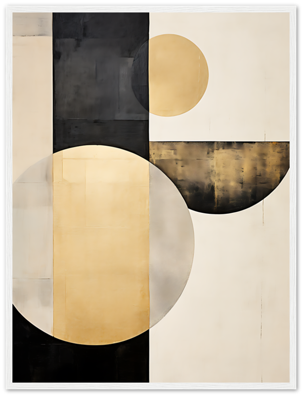 Abstract geometric painting with black, white, and gold shapes on a canvas.