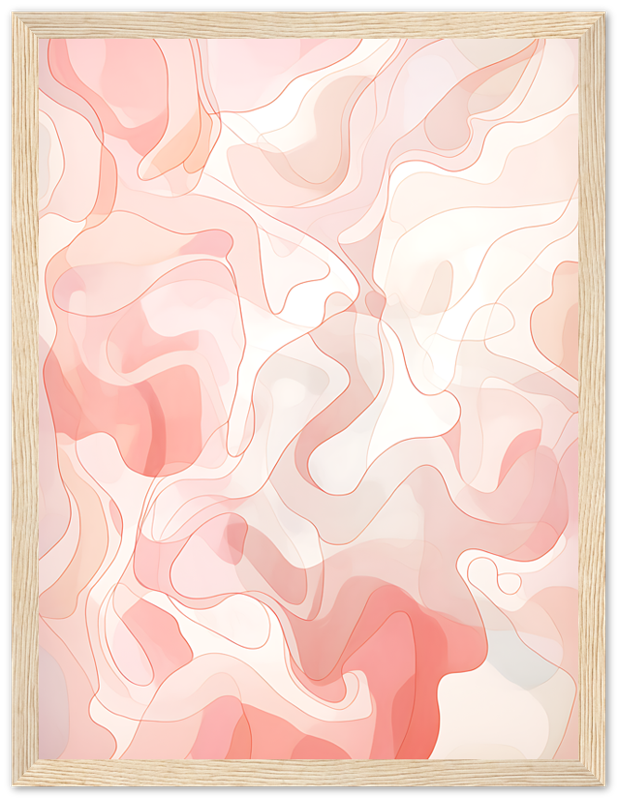 An abstract painting with swirling pink and cream tones framed in wood.