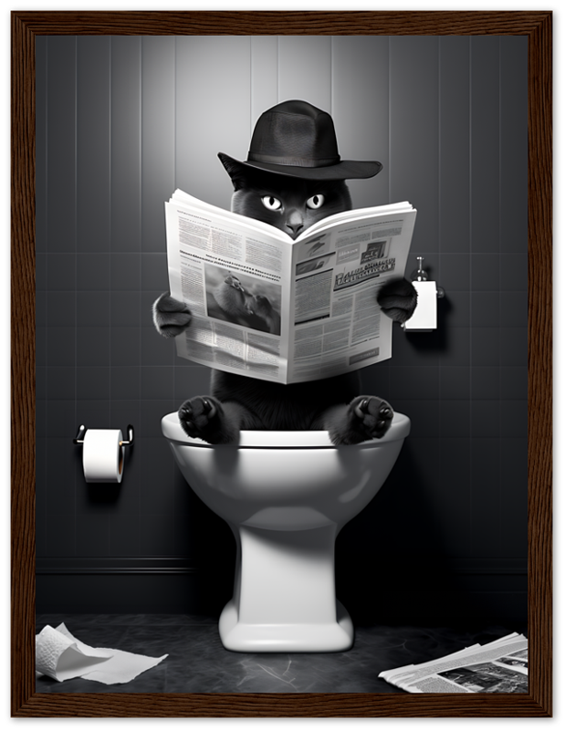 An illustration of a cat wearing a hat, reading a newspaper while sitting on a toilet.