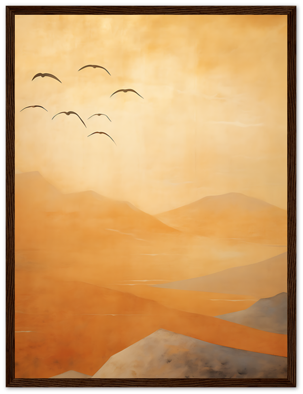 A painting of birds flying over orange-hued mountainous landscape in a dark frame.