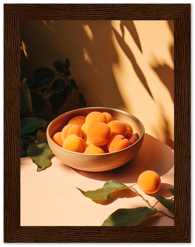 A framed picture of a bowl of apricots bathed in golden sunlight with leaf shadows.