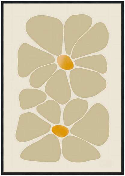 Abstract floral design in earth tones, framed with a wooden border.