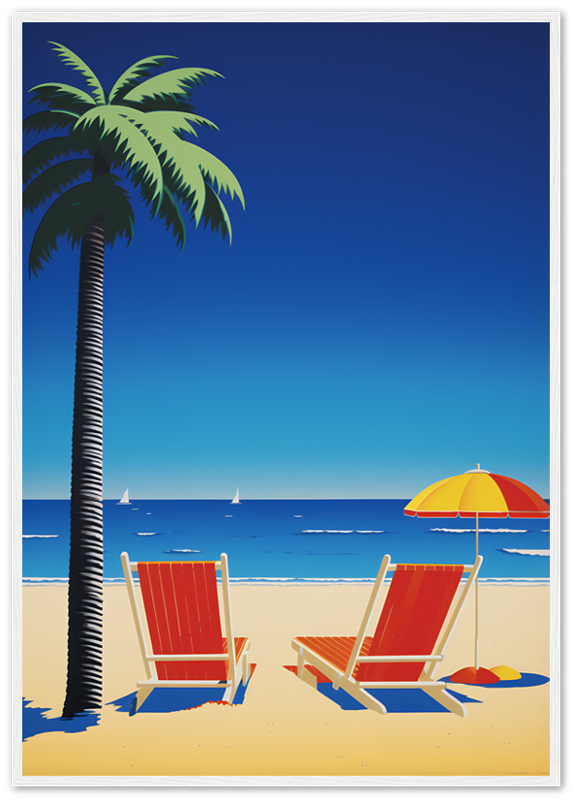Illustration of two beach chairs under an umbrella by a palm tree with the ocean in the background.