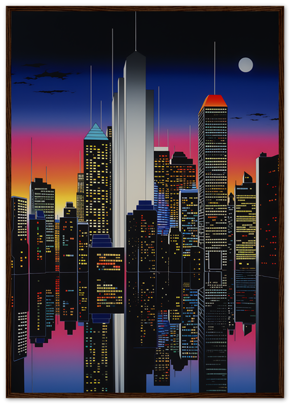 A stylized cityscape at night with skyscrapers and a full moon, framed by a wooden frame.