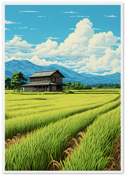 Illustration of a traditional wooden house amidst vibrant rice fields with mountains and clouds in the background.