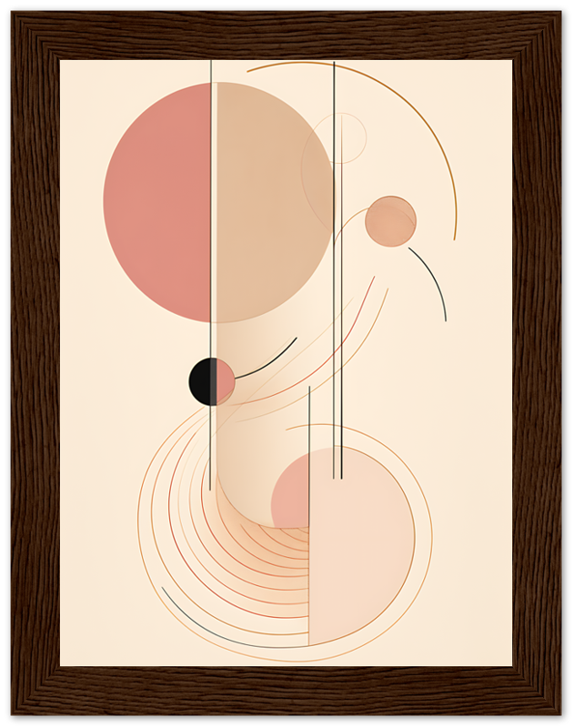 Abstract art with geometric shapes and lines in earthy tones, framed in dark wood.