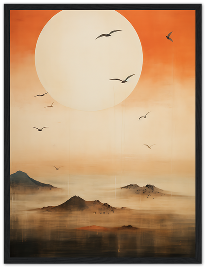 A painting of birds flying across a misty landscape with a large, warm-toned sun in the background.