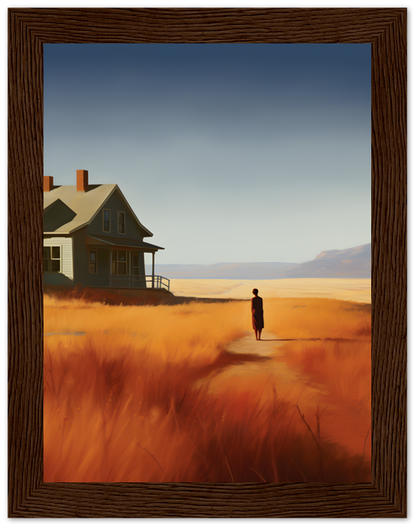 A framed painting of a person standing in a field near a house with mountains in the distance.