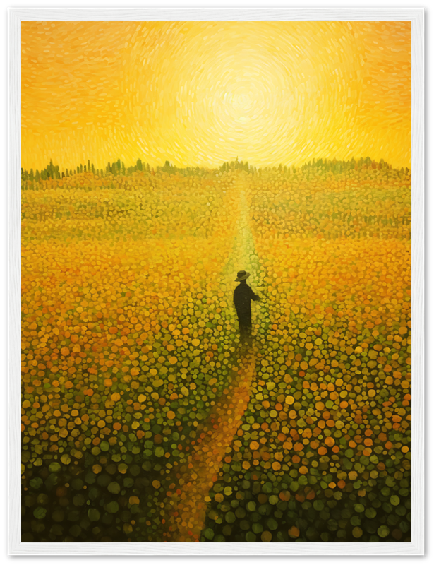 A person walking on a path through a field of flowers under a swirling sun.