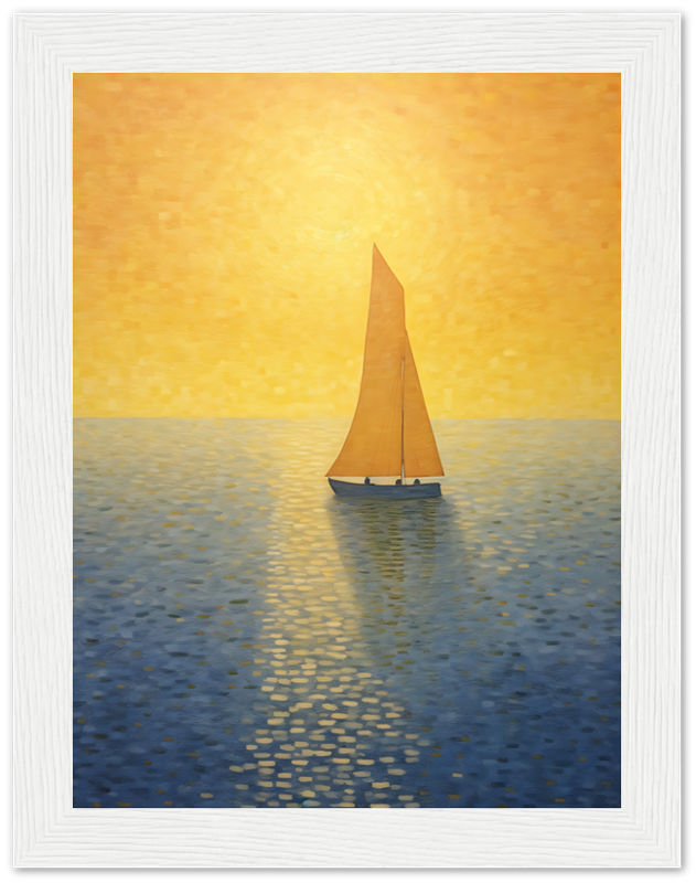 A painting of a solitary sailboat on a shimmering sea at sunset, framed on a wall.