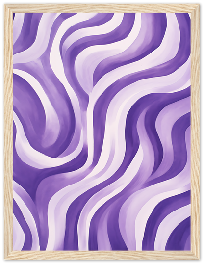 An abstract painting with purple and white wavy lines, framed in wood.