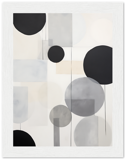 Abstract art with overlapping circles and semicircles in monochrome tones with a textured frame.