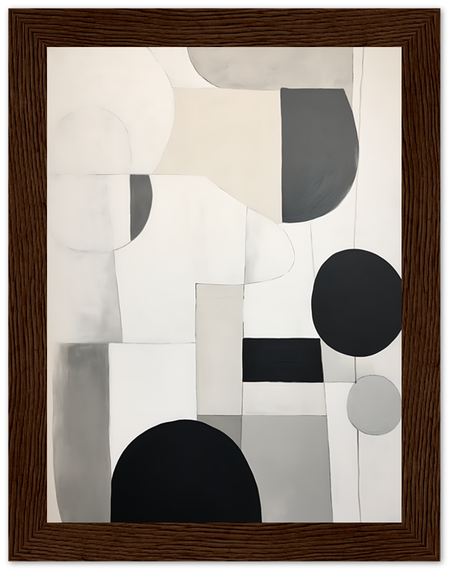 Abstract painting with geometric shapes in a wooden frame.