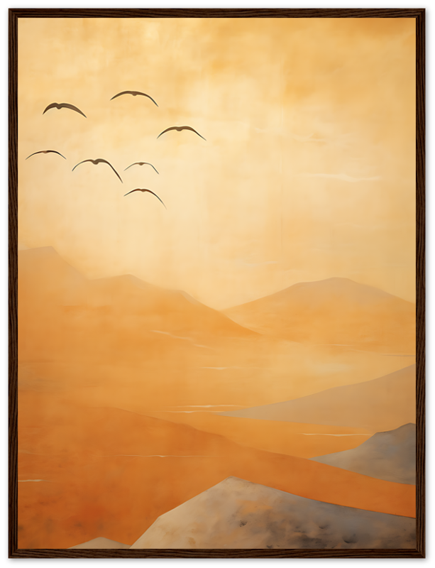 Abstract painting of birds flying over stylized orange mountains.