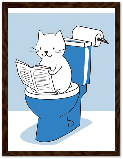 A cartoon cat reading a newspaper while sitting on a toilet.